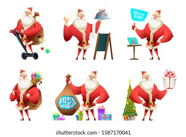 Cartoon modern design set of santa claus poses. Santa in different situations. Vector illustration