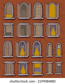 Cartoon modern different windows with curtains, open and closed shutters and in a frame on a brick wall. Facade elements for house exterior. Vector icons set.