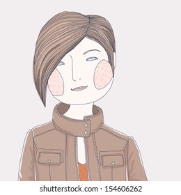 Cartoon modern fashion girl in jacket