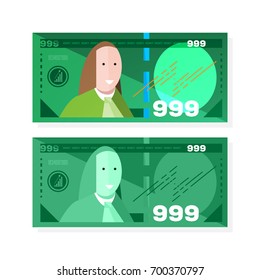 Cartoon, modern flat 2.0 style dollar bills - colored and green