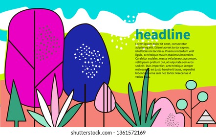 Cartoon modern flat landscape with trees, summer park, spring garden, flyer template, banner layout, natural background. Vector illustration
