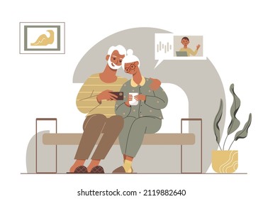 Cartoon modern grandparents talking  to grandson online. Elderly family at home.