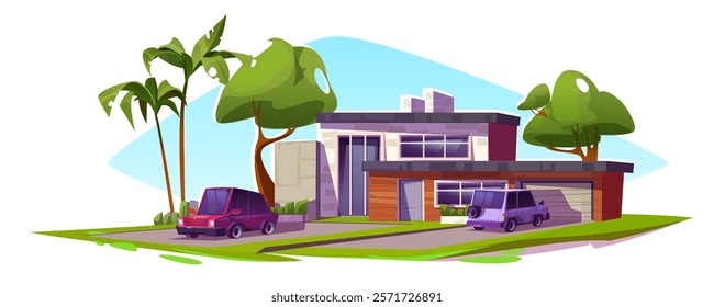 Cartoon modern house with garage, two parked cars and palm tree landscape. Contemporary villa exterior with flat roof, geometric design, wooden panels, panoramic windows and green lawn, blue sky.