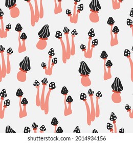 Cartoon modern mushrooms seamless pattern. Poison mushrooms illustration for witch craft, magic. Pattern background for print, textile, wrapping