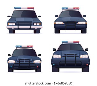 Cartoon Modern Police Car Collection. Vector Object Isolated On White, Front View. Police Sedan And Jeep Car Set