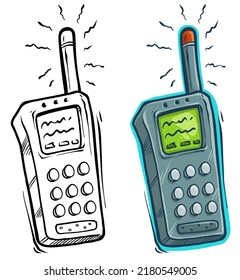 Cartoon modern portable handheld radio device with display and antenna. Vector icon isolated on white background.