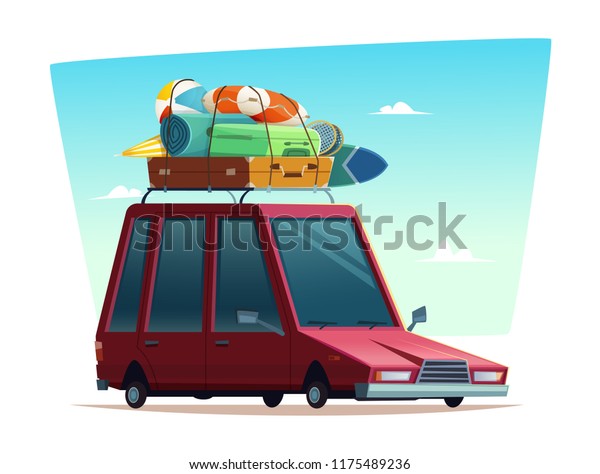 Cartoon modern retro illustration of traveling\
by car or summer\
camping.