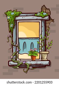 Viñeta moderna en la pared de ladrillos con arbusto y flores en una bonita olla de flores. Fondo vectorial.