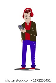 cartoon modern young man listening to music in headphones, and communicates in social networks on a smartphone, vector illustration