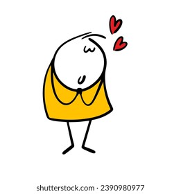 Cartoon modest shy young lady has closed her eyes and dreams of love. Vector illustration of nice girl and  heart symbol on Valentines day. Isolated cartoon funny character on white background.