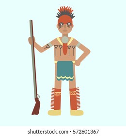 Cartoon Mohawk warrior with a gun. Isolated 