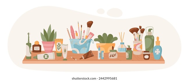 Cartoon moisturizing beauty product pack collection, trendy fashion skin care package set, flat organic makeup cream jar and colorful natural cosmetic shampoo tube at the shelf with green plants.