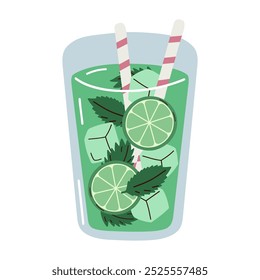 Cartoon mojito illustration. Mojito cocktail isolated on white background. Hand drawn lemonade with ice, lime and mint.