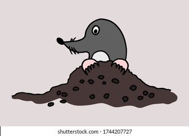 Cartoon mole animal character mascot in a molehill. Funny comic childish drawing. Isolated vector illustration. Mole is a small insectivorous sightless rodent.