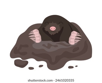 Cartoon mole coming out of hole in ground, borrowing field wild animal isolated on white background