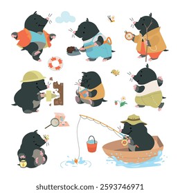 Cartoon mole. Funny moles different poses and emotions. Garden wild animal working, walking reading book and fishing from wooden boat, nowaday vector characters