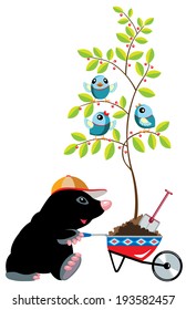 cartoon mole gardener with wheelbarrow, isolated image for little kids 