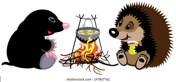 cartoon mole and hedgehog preparing food on campfire in wild camping,isolated image for little kids 