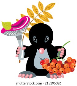 cartoon mole holding mushroom and rowan berries, autumn season, children illustration 