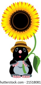 cartoon mole holding a sunflower, isolated image for little kids