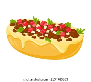 Dibujo del vector alimentario de la caricatura Mollete Mexicano. Cocina Tradicional Mexicana. Molletas con salsa, frijoles y queso aislados de fondo blanco.