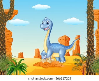 Cartoon mom and baby dinosaur hatching with the desert background