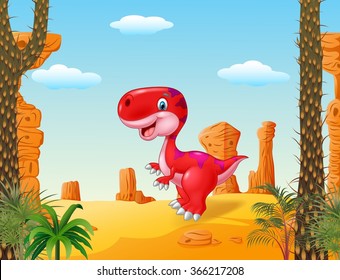 Cartoon mom and baby dinosaur hatching with the desert background