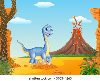 Cartoon mom and baby dinosaur hatching with the prehistoric background