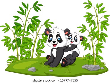 Cartoon Mom And Baby Panda In The Bamboo Tree