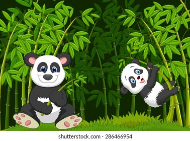 Cartoon mom and baby panda in the climbing bamboo tree