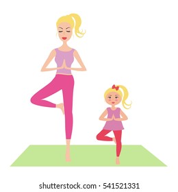 Cartoon mom and baby practicing yoga.Young Mother and daughter doing yoga together vector illustration. Young Mother and daughter practicing yoga vector.