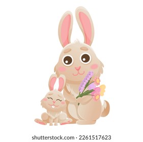 Cartoon mom and child rabbits. Happy mothers day. Kids bunny drawing
