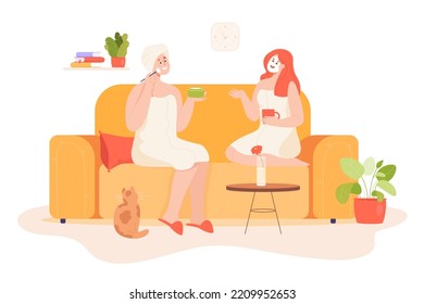 Madre e hija de caricaturas disfrutando relajante día de spa en casa. La madre y el hijo adolescente pasan tiempo juntos con una ilustración vectorial plana. Belleza, cuidado de la piel, concepto familiar para banner o página web de aterrizaje