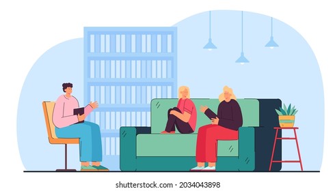 Cartoon mom and daughter visiting psychologist. Flat vector illustration. Adult woman and child sitting on sofa talking with specialist. Psychotherapy, psychology, help, meeting, family concept