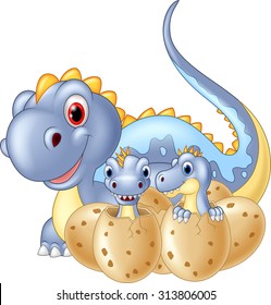 Cartoon mom dinosaur and baby dinosaurs hatching