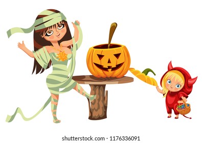 Cartoon mom and kid carving Hallows pumpkin poster