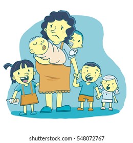 cartoon mom with too many kids.