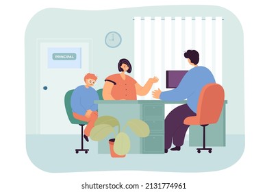 Cartoon mom and son at principal office. Headmaster sitting at table, woman and child in room of school director flat vector illustration. Family, education, children behavior concept for banner