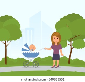 Cartoon mom and toddler in pram on a walk in the city park. Baby sitting carriage. Mother walking  with baby in stroller. Vector illustration in flat style.