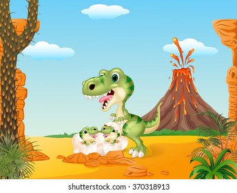 Cartoon mom tyrannosaurus dinosaur and baby dinosaurs hatching prehistoric background