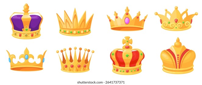 Cartoon monarch crowns. Golden crown set, king queen princess prince coronation headdress royal jewel with diamond authority power symbol rpg game award, neat vector illustration original artwork
