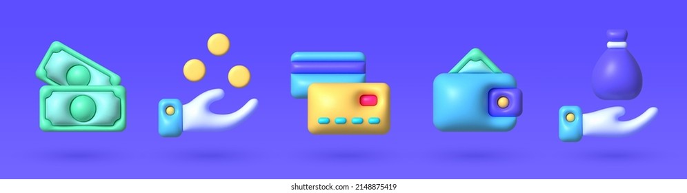 Cartoon money 3d set for paper design. Money 3d render vector icon set