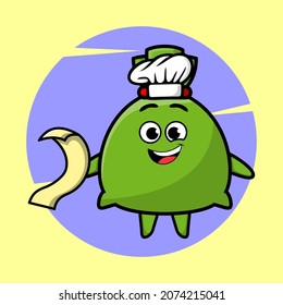 Cartoon money bag chef mascot character with menu in hand cute style design for t-shirt, sticker, logo elements