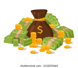 Cartoon money bag, dollar cash stack and gold coins. Bundle of banknotes money vector illustration. Stack of golden coins and green dollars. Saving income or salary, wealth concept