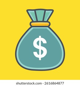 A cartoon money bag with a dollar sign is centered on a bright yellow background. The bag is teal with a dark blue outline.