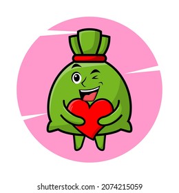 Cartoon money bag mascot holding big red heart in cute style for t-shirt, sticker, and logo element