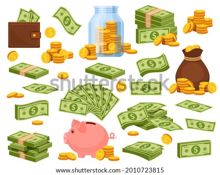 Cartoon money bag and piles. Piggy bank, banknote packs, wallet with dollar bills, gold stacks and sack with coins. Cash savings vector set. Illustration bag with cash, safe golden in heap