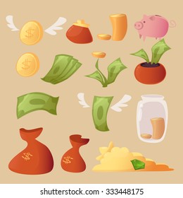 Cartoon money bags.  Set of money vector illustration