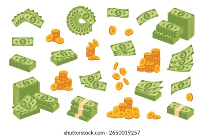 Dinheiro dos desenhos animados. Nota e moeda. Grandes pacotes com dinheiro de papel verde, pilha de notas, pilhas moedas de ouro. Conta de caixa bancária. Riqueza, tesouro, jackpot, capital, depósito. Conjunto de vetores.
