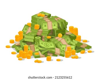 Cartoon money cash pile, dollar bill stack. Pile of green bills, stacks of banknotes vector illustration. Huge pile of golden coins and cash. Winning jackpot, doing business, becoming rich